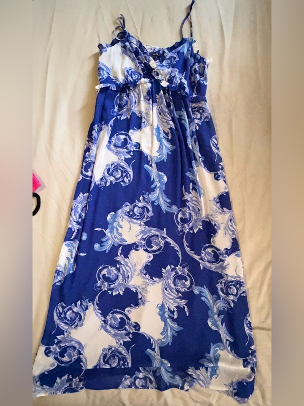 Three Pretty Women's Dresses— Hot Pink, White Floral, Blue Pattern - Picture 5 of 9